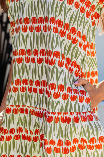 White Tulip Floral Print Cotton Puff Short Sleeve Mini Dress