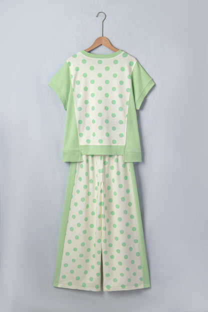 Color Block Patchwork Polka Dot Wide Leg Pant Set