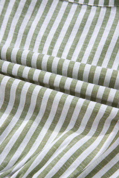 Green Stripe Tasseled Tie Neck Ruffled Short Sleeve Tiered Flattering Dress