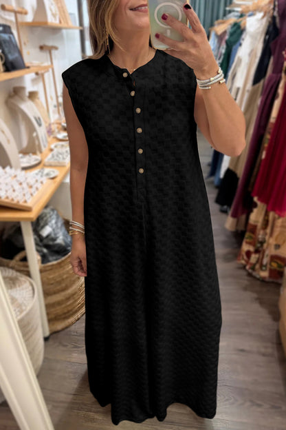 Half Buttons Sleeveless Wide Leg Textured Jumpsuit