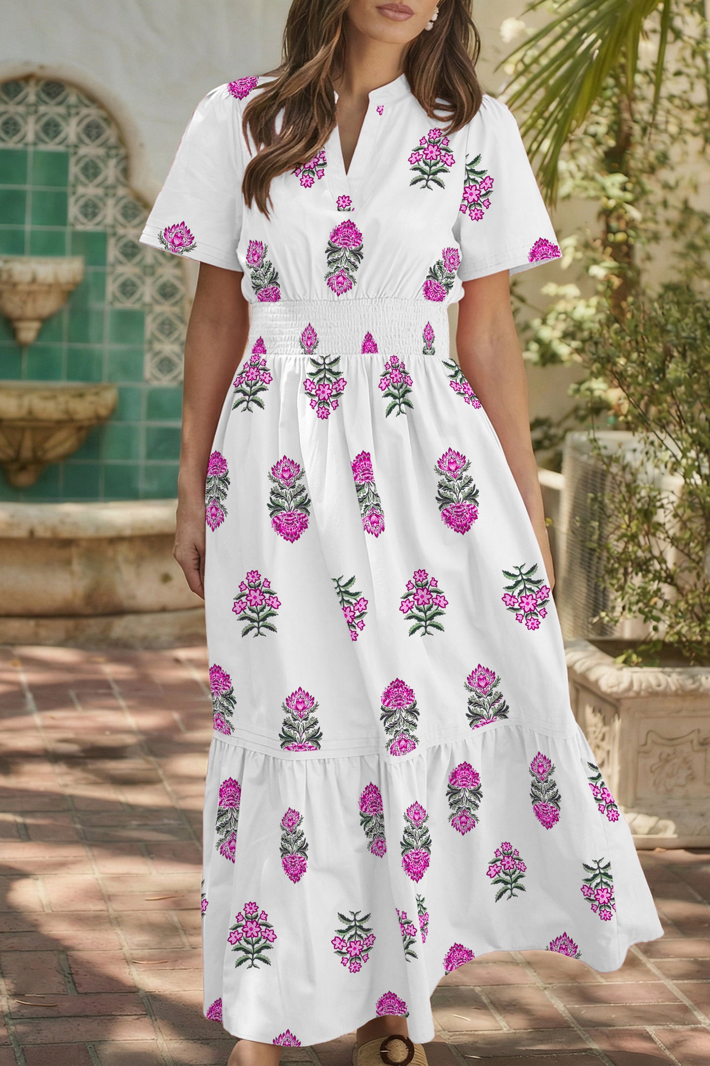 Floral Print Split Neck Shirred High Waist Ruffle Hem Maxi Dress