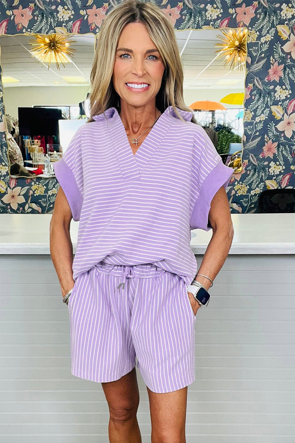 Stripe Dolman Sleeve Polo Shirt and Drawstring Shorts Set
