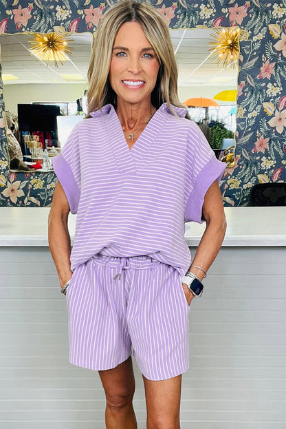 Stripe Dolman Sleeve Polo Shirt and Drawstring Shorts Set