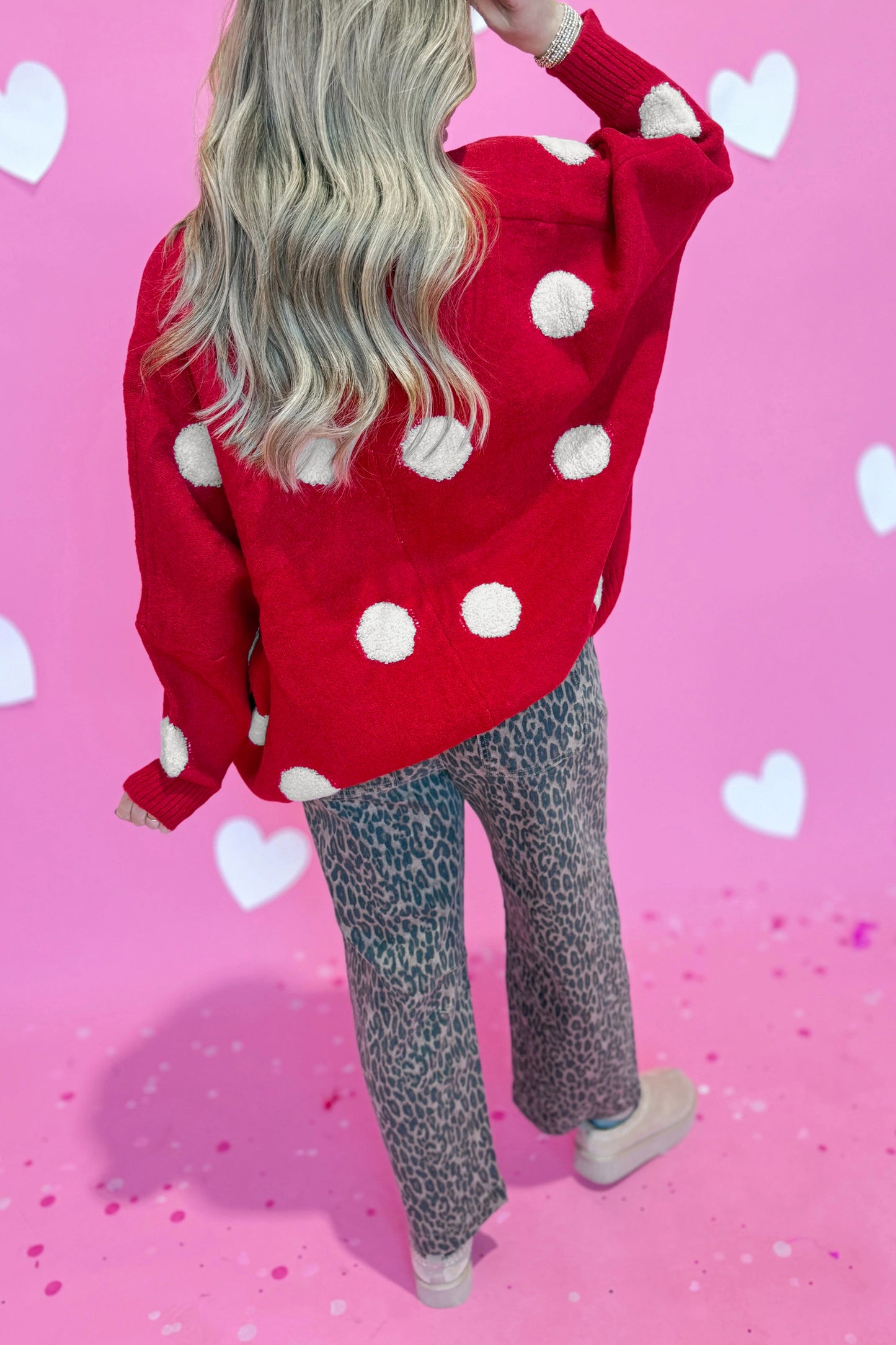 Polka Dot Button Front Oversized V Neck Cardigan