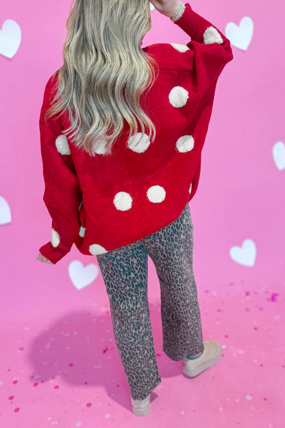 Polka Dot Button Front Oversized V Neck Cardigan