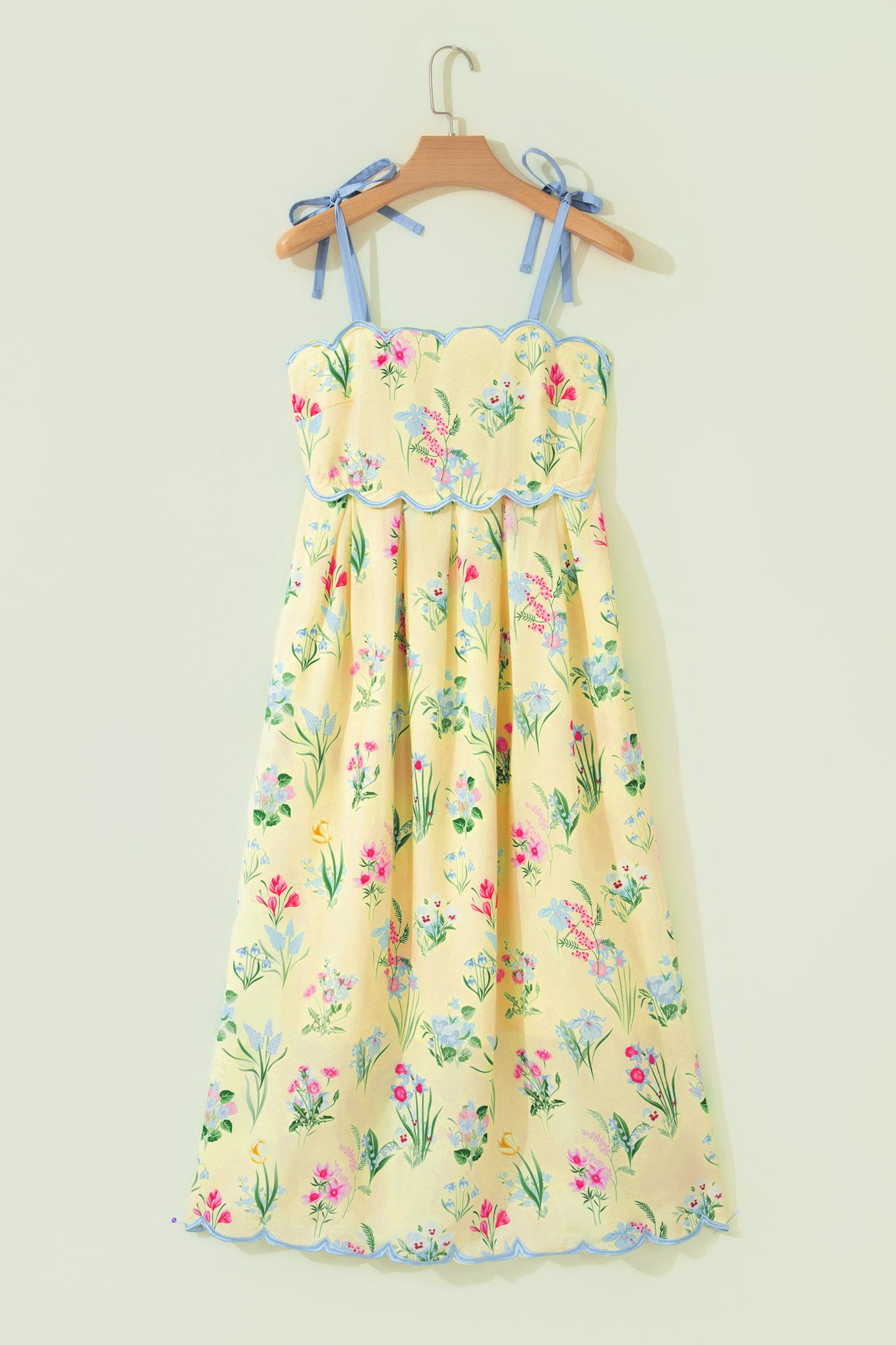Floral Print Contrast Trim Self-tie Straps High Waist Midi Dress