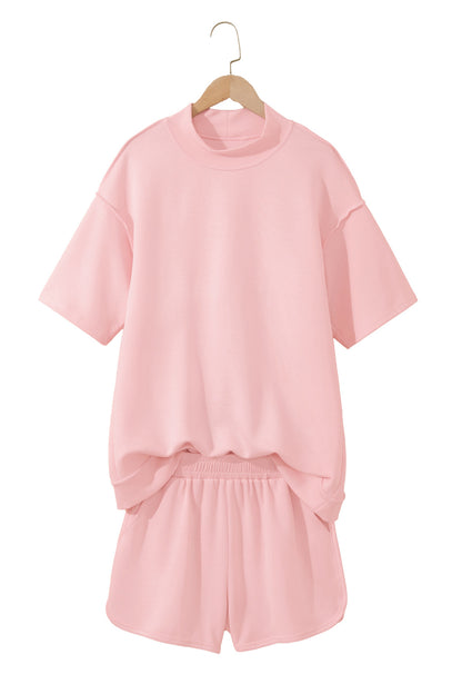 Solid Color Exposed Seam Mock Neck Oversize Tee Casual Shorts 2pcs Outfit