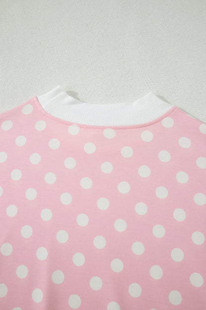 Pink Polka Dot Print Mock Neck Short Sleeve Top Shift Pant Set