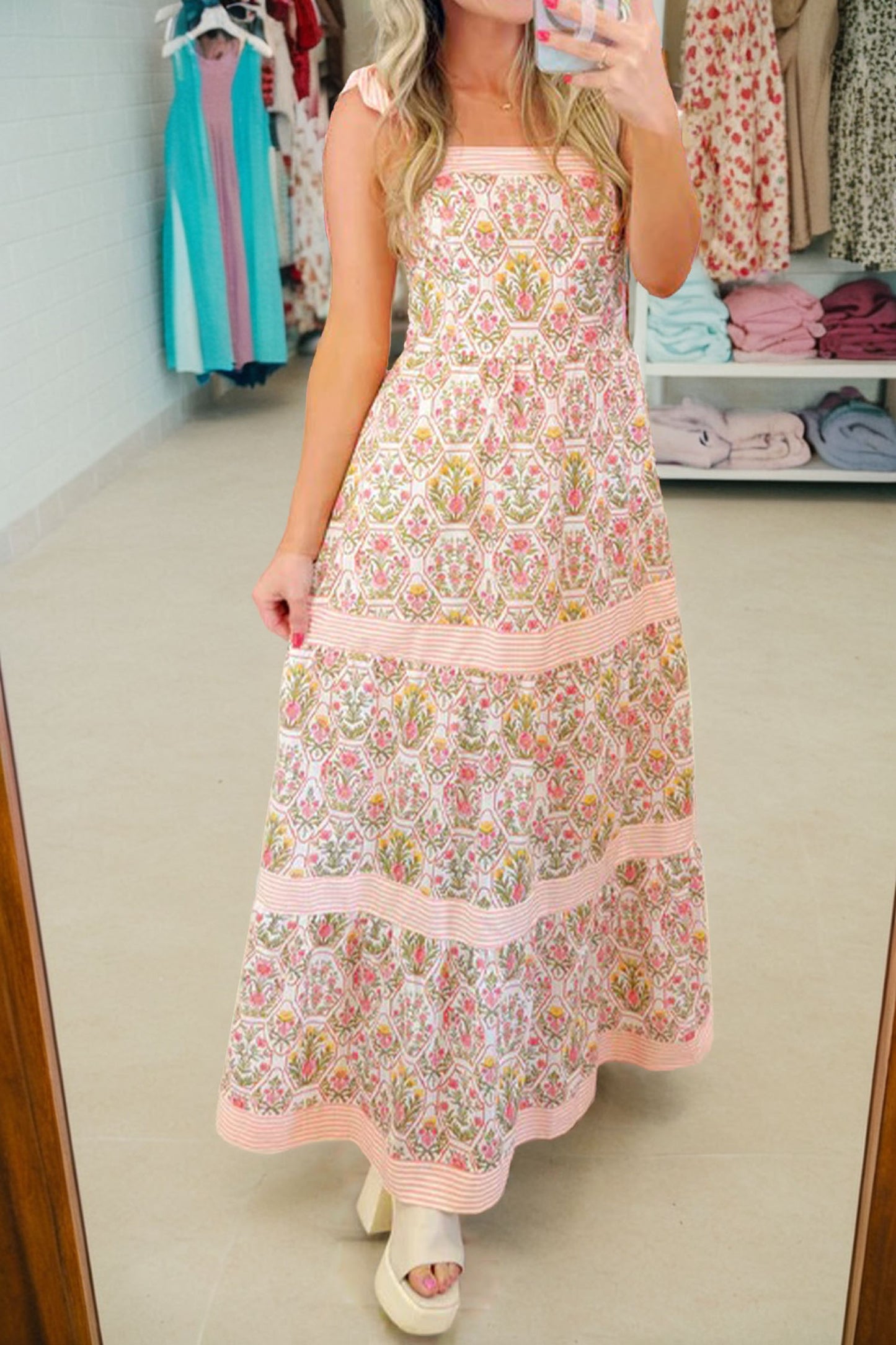 Geometric Floral Print Striped Patchwork Detail Sleeveless Dress