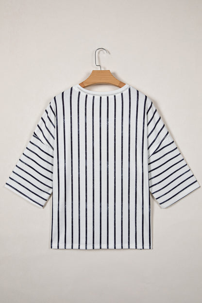 Khaki Stripe Colorblock 3/4 Sleeve Loose T Shirt