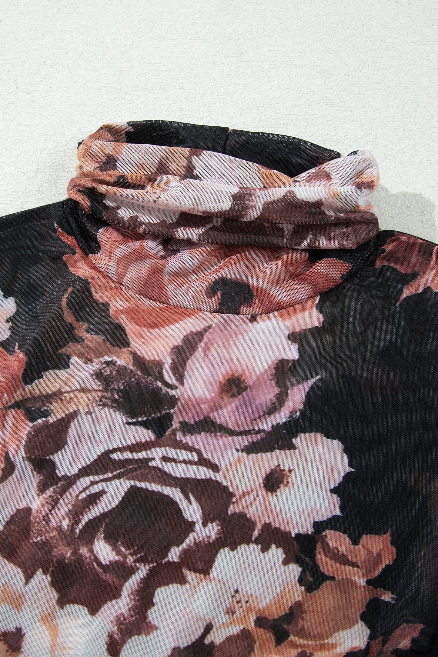 Brown Floral Mesh Long Sleeve High Neck Bodysuit