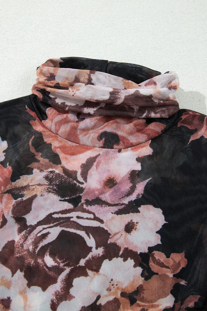Brown Floral Mesh Long Sleeve High Neck Bodysuit