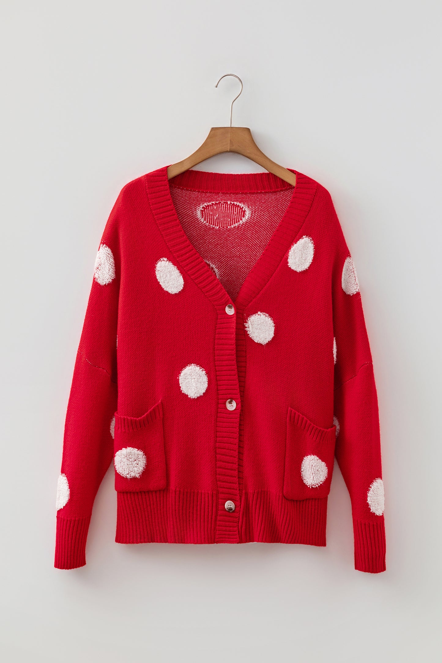 Polka Dot Button Front Oversized V Neck Cardigan