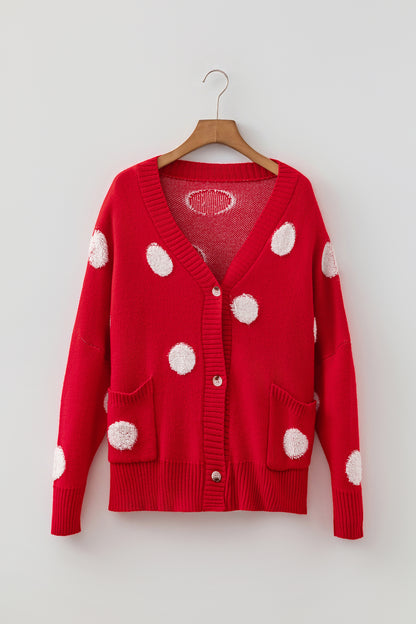 Polka Dot Button Front Oversized V Neck Cardigan