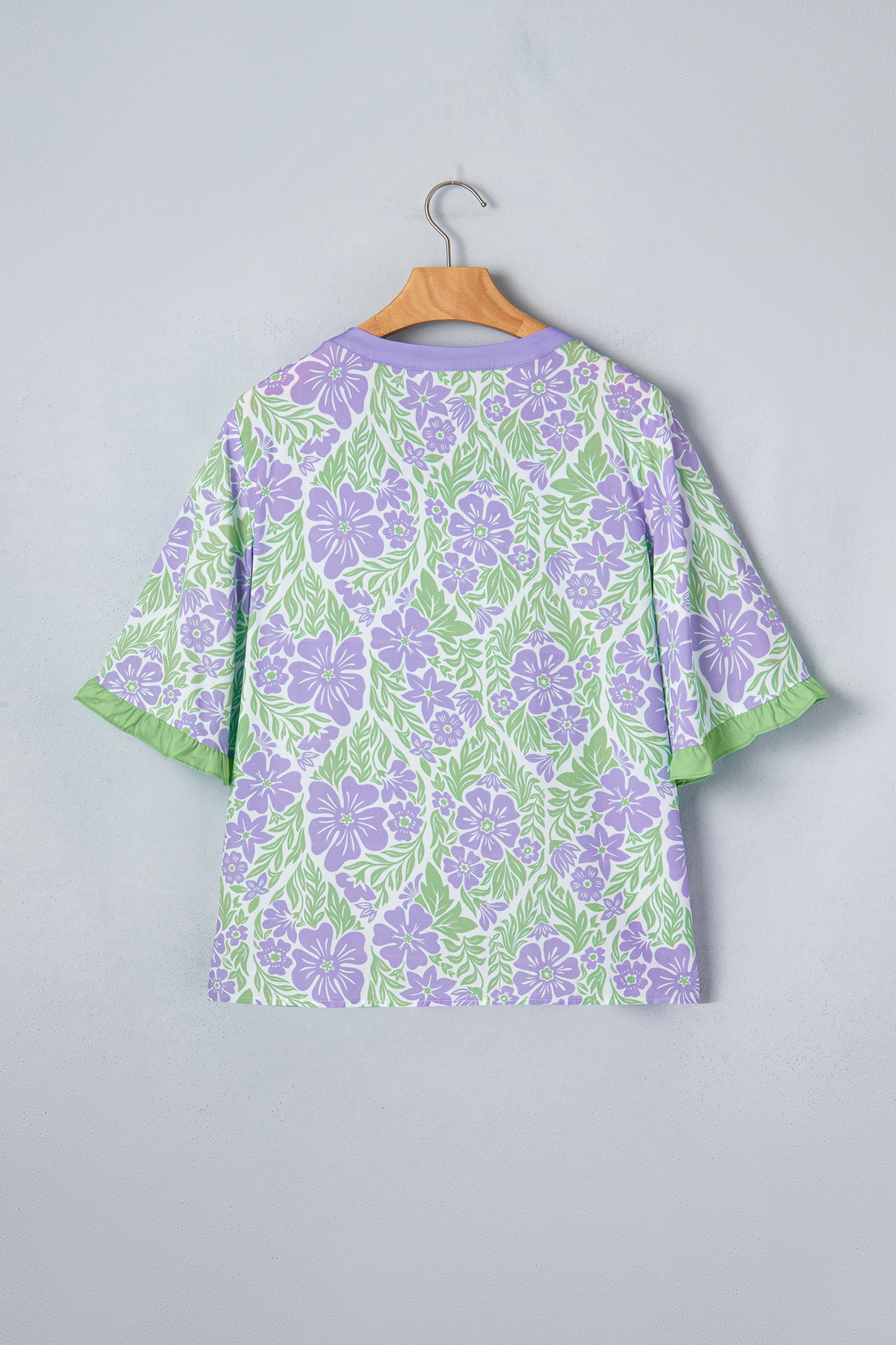 Floral Print Ruffled Color Block Trim Half Sleeve Blouse