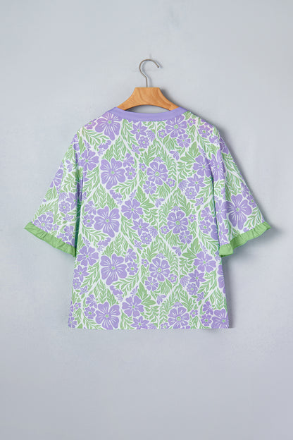 Floral Print Ruffled Color Block Trim Half Sleeve Blouse