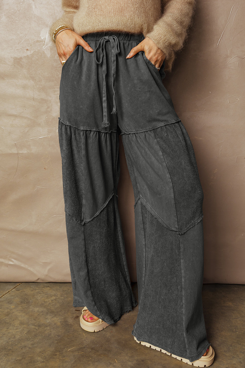 Wild Ginger Careys Mineral Wash Tiered Wide Leg Patchwork Drawstring Pants
