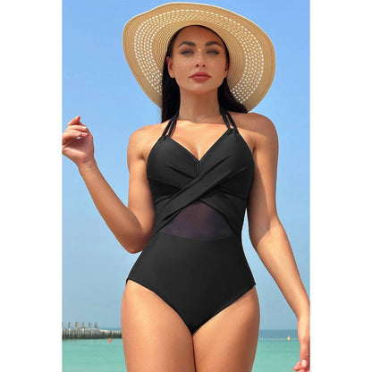 Color Block Halter Cross Lace One Piece Swimsuit