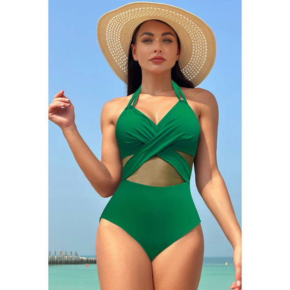Color Block Halter Cross Lace One Piece Swimsuit