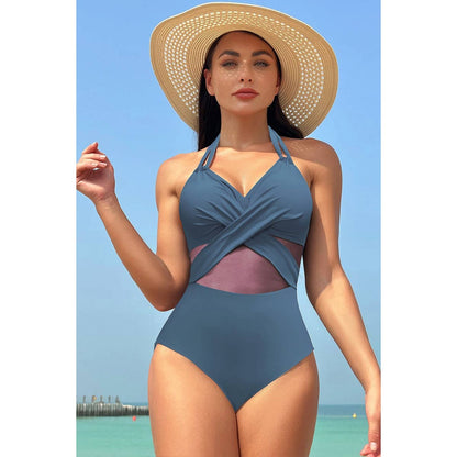 Color Block Halter Cross Lace One Piece Swimsuit