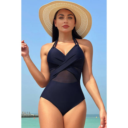 Color Block Halter Cross Lace One Piece Swimsuit