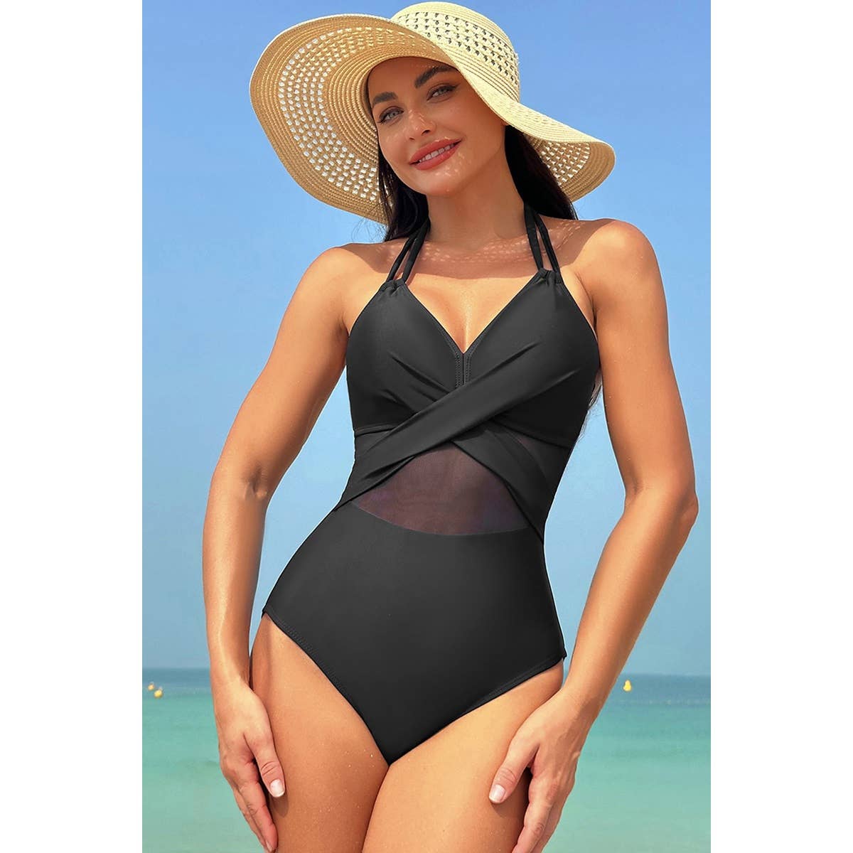 Color Block Halter Cross Lace One Piece Swimsuit