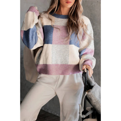 Color Block Plaid Checkered Long Sleeve Sweater