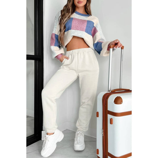 Color Block Plaid Checkered Long Sleeve Sweater