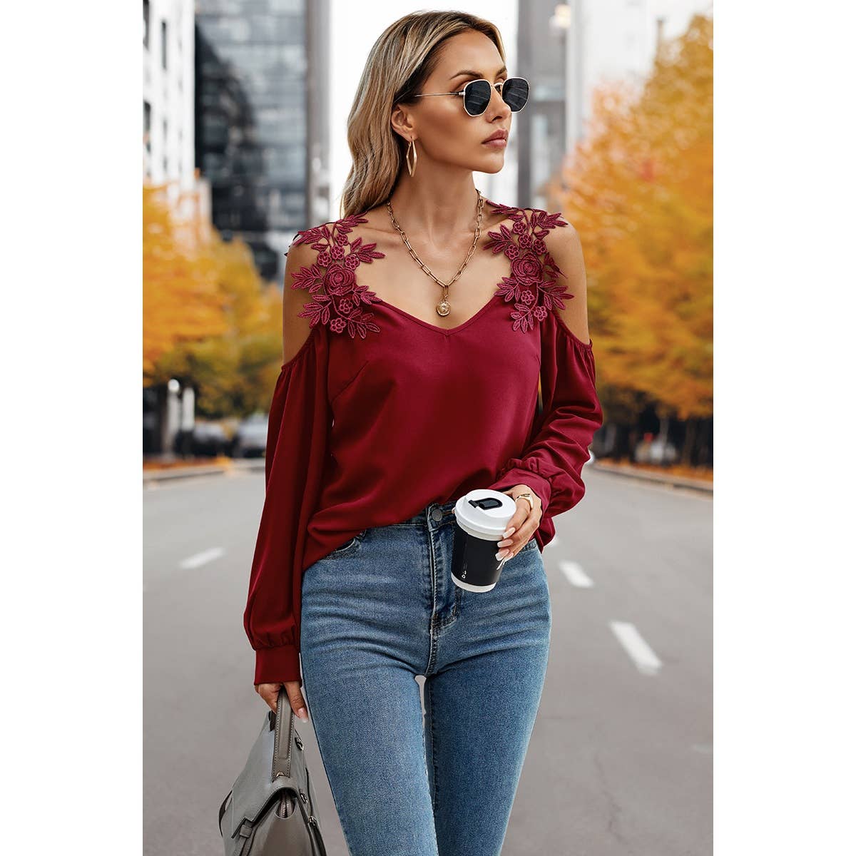 Contrast Low Back Lace Cold Shoulder Top - Elings