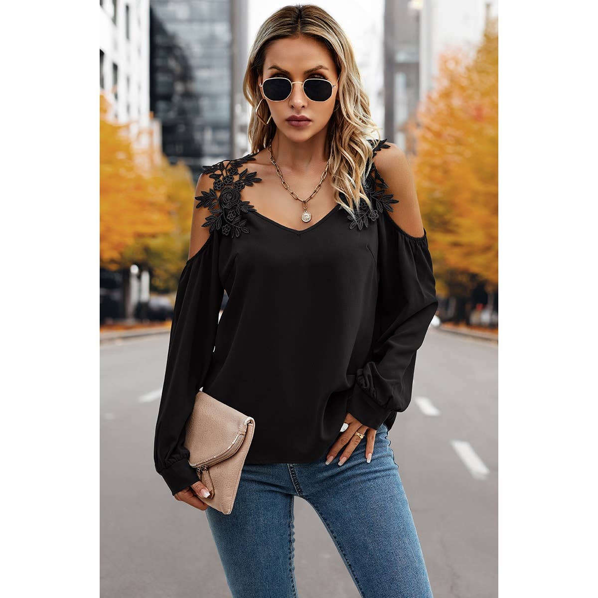 Contrast Low Back Lace Cold Shoulder Top - Elings