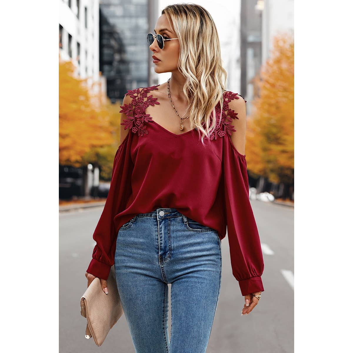 Contrast Low Back Lace Cold Shoulder Top - Elings