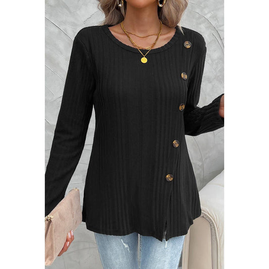 Crewneck Button Trim Slip Loose Sweatshirt