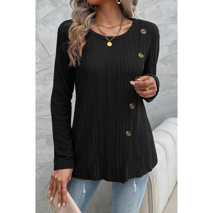 Crewneck Button Trim Slip Loose Sweatshirt