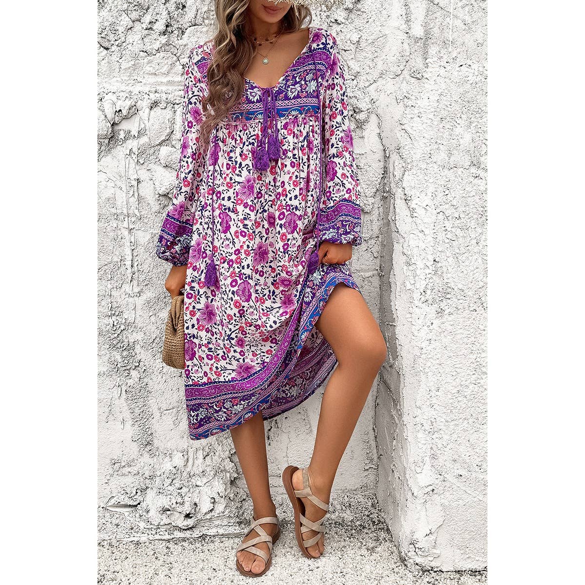 Cross Knot Floral Print Loose Fit V Neck Dress