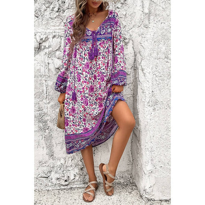 Cross Knot Floral Print Loose Fit V Neck Dress