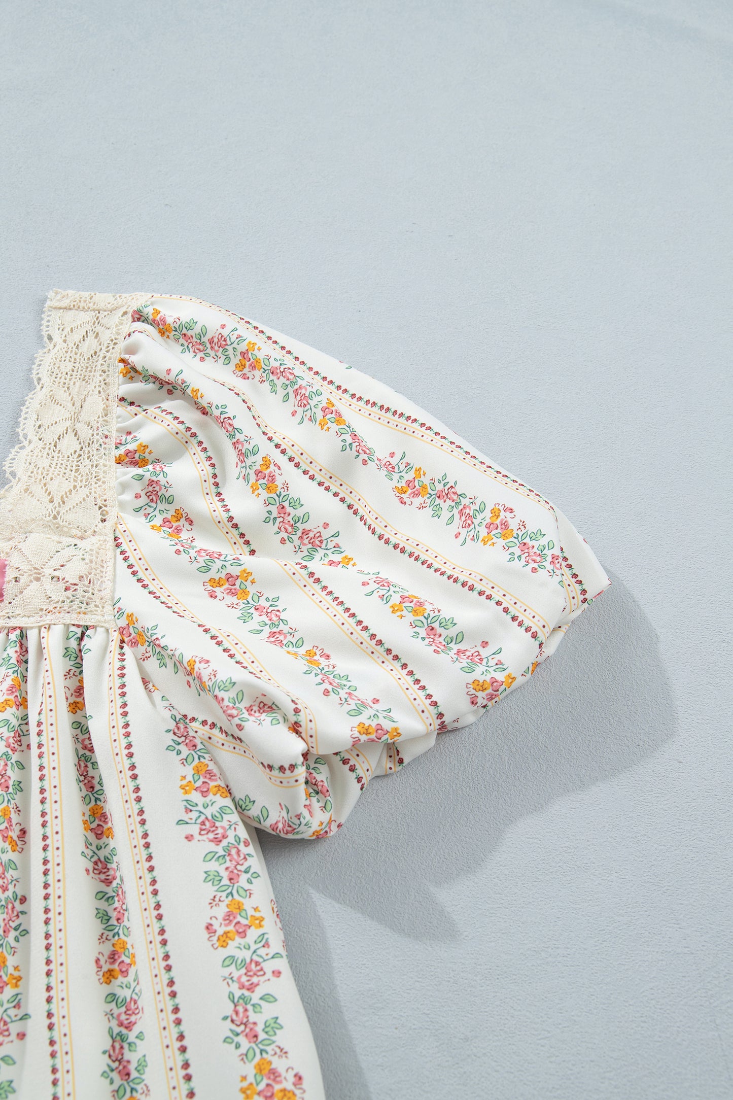 Multicolour Floral Print Contrast Ribbon Bow Lace Trim Square Neck Mini Dress