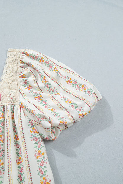 Multicolour Floral Print Contrast Ribbon Bow Lace Trim Square Neck Mini Dress