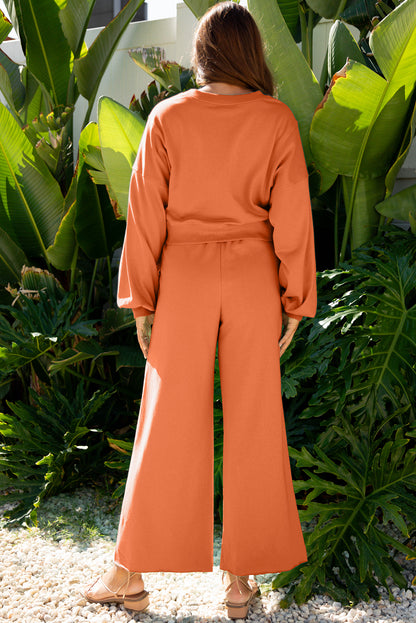 Drop Shoulder Puff Sleeve Crop Pullover Drawstring Wide Leg Pants Set