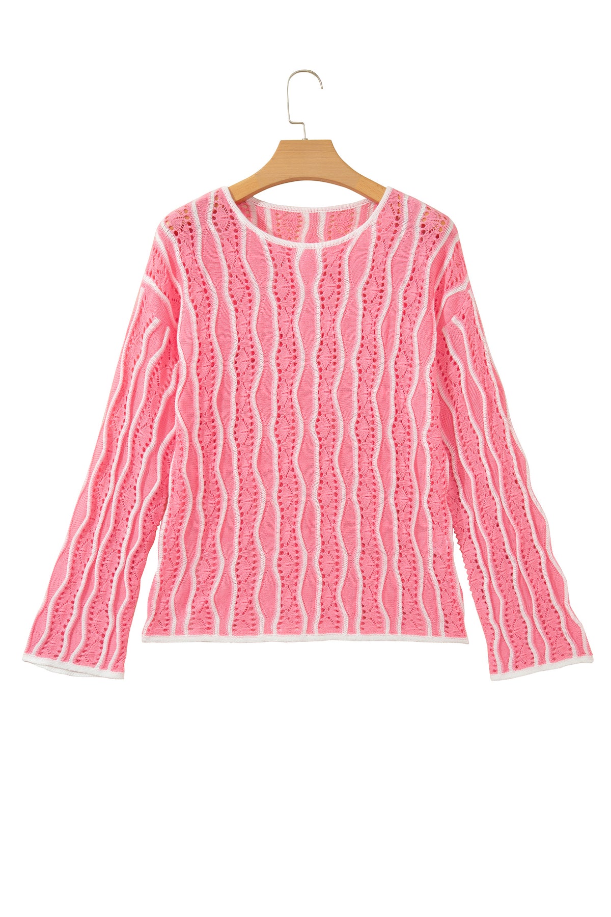 Wavy Detail Hollow Out Knit Long Sleeve Cotton Pullover Sweater