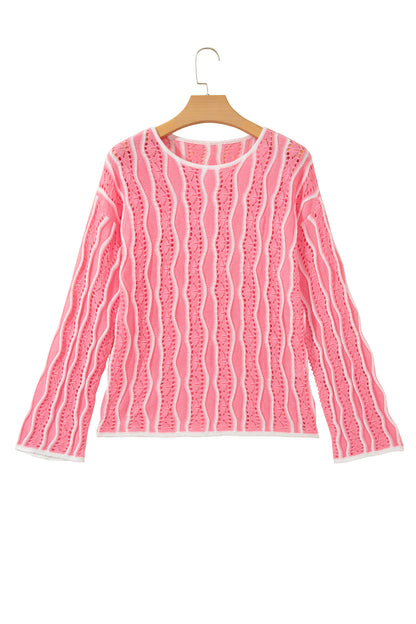 Wavy Detail Hollow Out Knit Long Sleeve Cotton Pullover Sweater