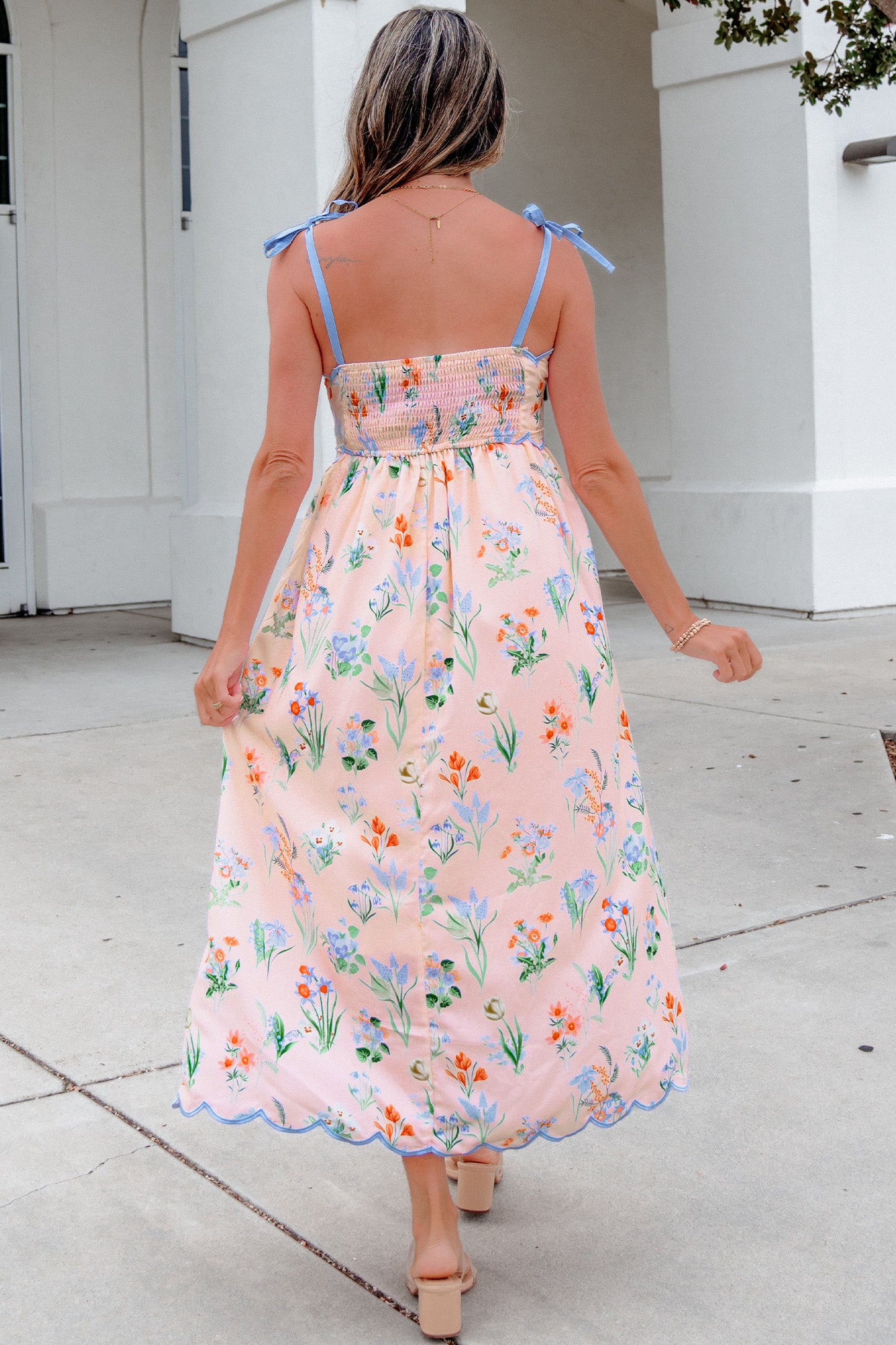 Floral Print Contrast Trim Self-tie Straps High Waist Midi Dress