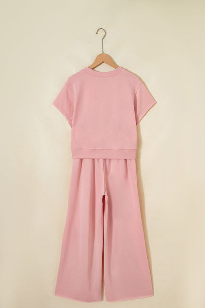 Light Pink Solid Color Loose Tee Drawstring Wide Leg Pants 2pcs Outfit