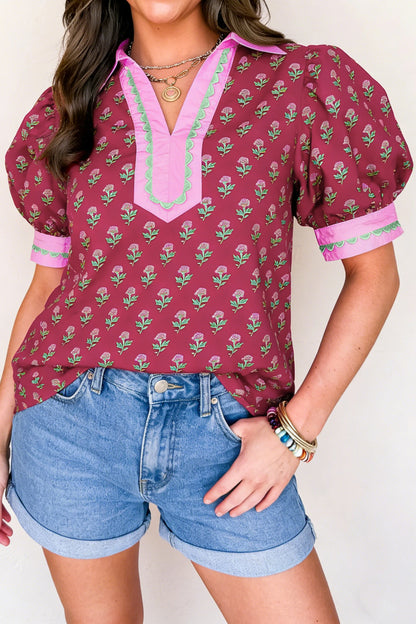 Red Contrast Collared V Neck Ricrac Trim Short Puff Sleeve Flower Blouse