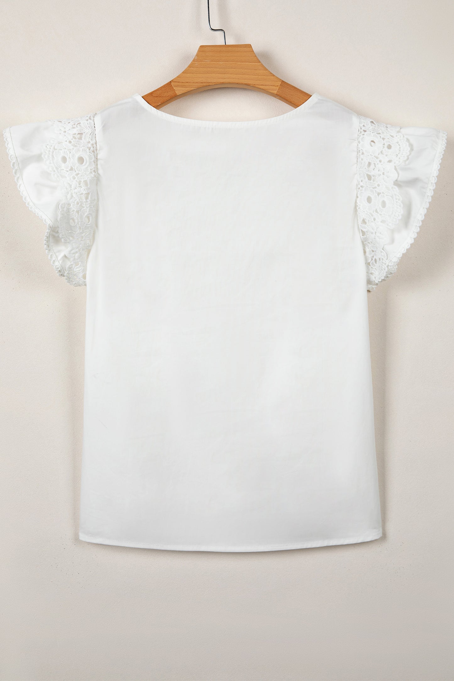 Lace Detail Flutter Sleeve Pleated Round Neck Blouse