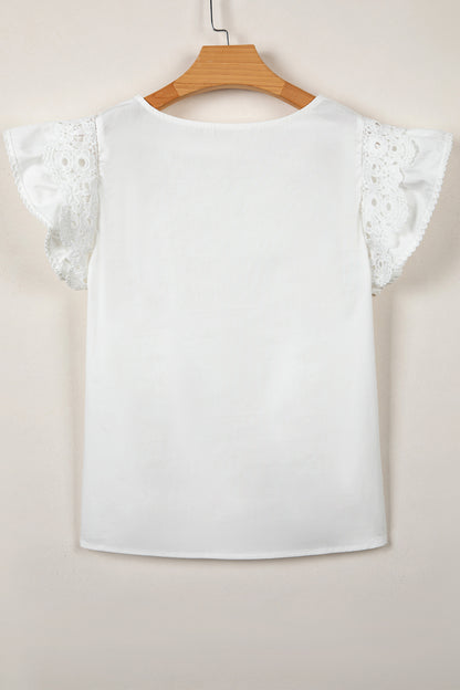 Lace Detail Flutter Sleeve Pleated Round Neck Blouse