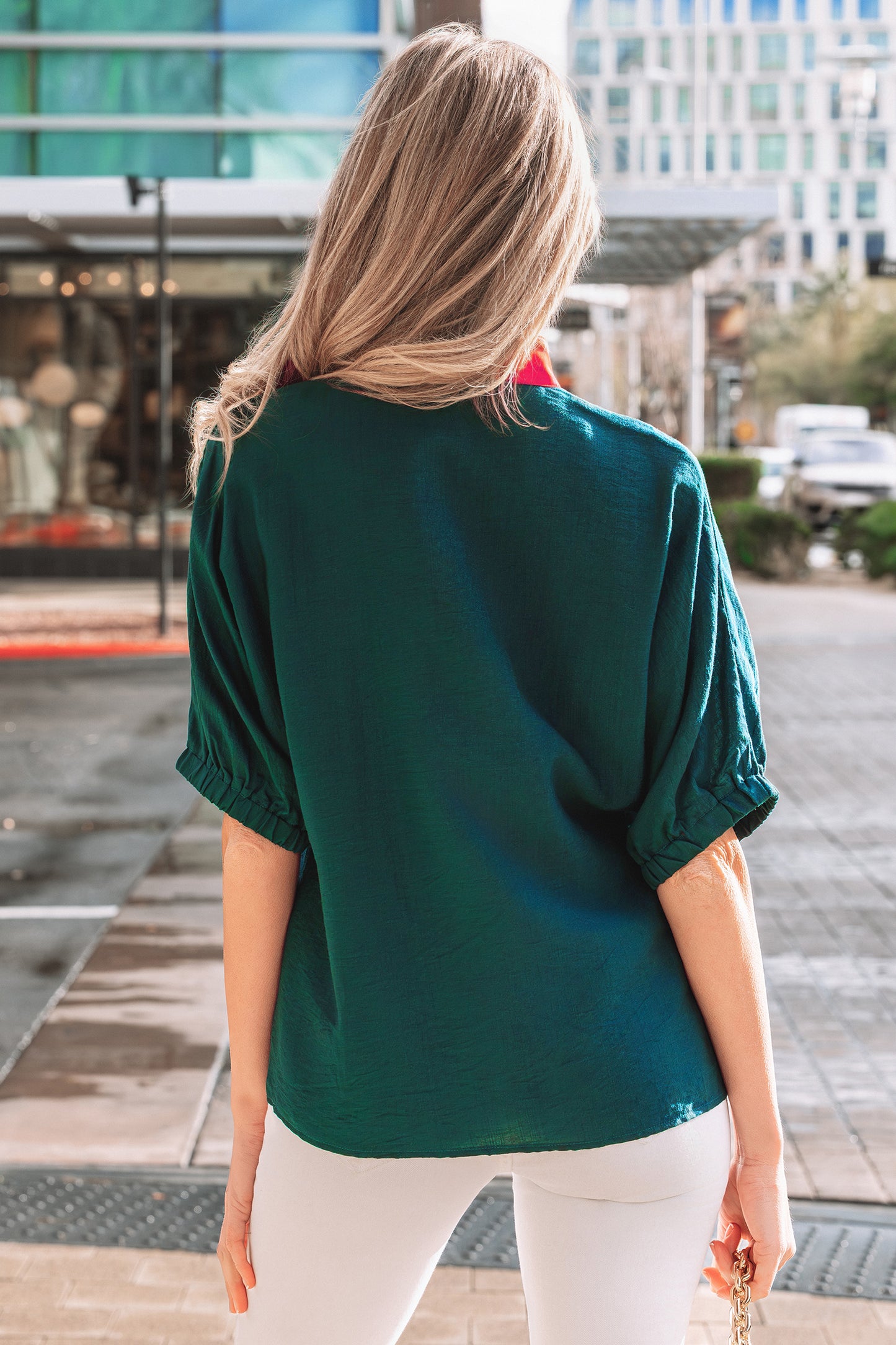 Evergreen Contrast Plaid Patchwork V Neck Half Sleeve Blouse