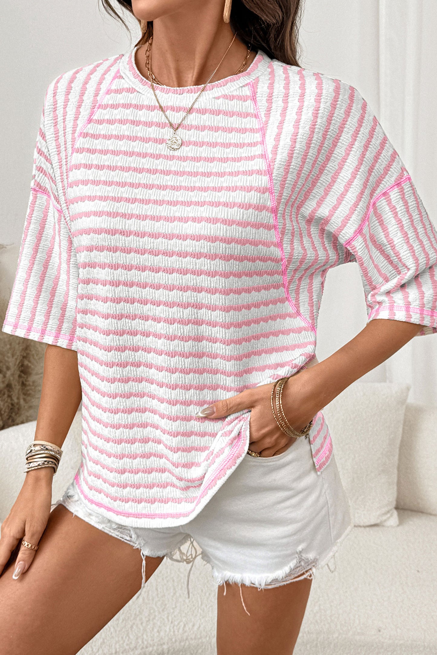 Stripe Textured Knit Split Hem Half Sleeve Loose Top