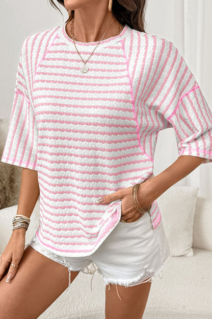 Stripe Textured Knit Split Hem Half Sleeve Loose Top