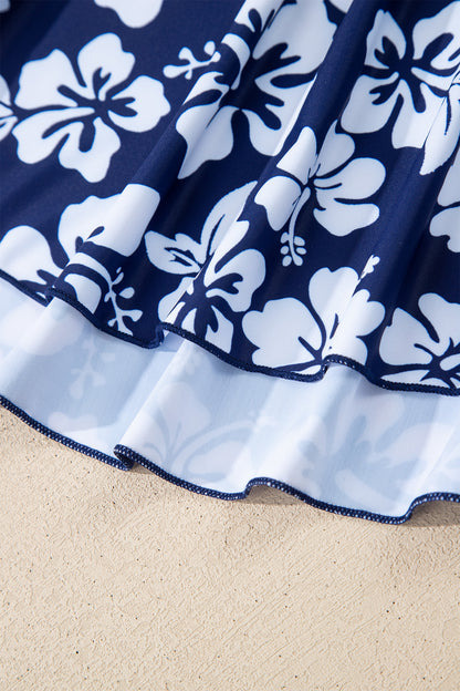 Navy Blue Color Block Patchwork Bow Knot Detail Sleeveless Swim Dress