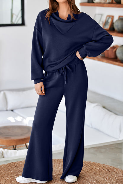 Solid Color Cowl Neck Drawstring Pullover Wide Leg Athleisure Pants Set